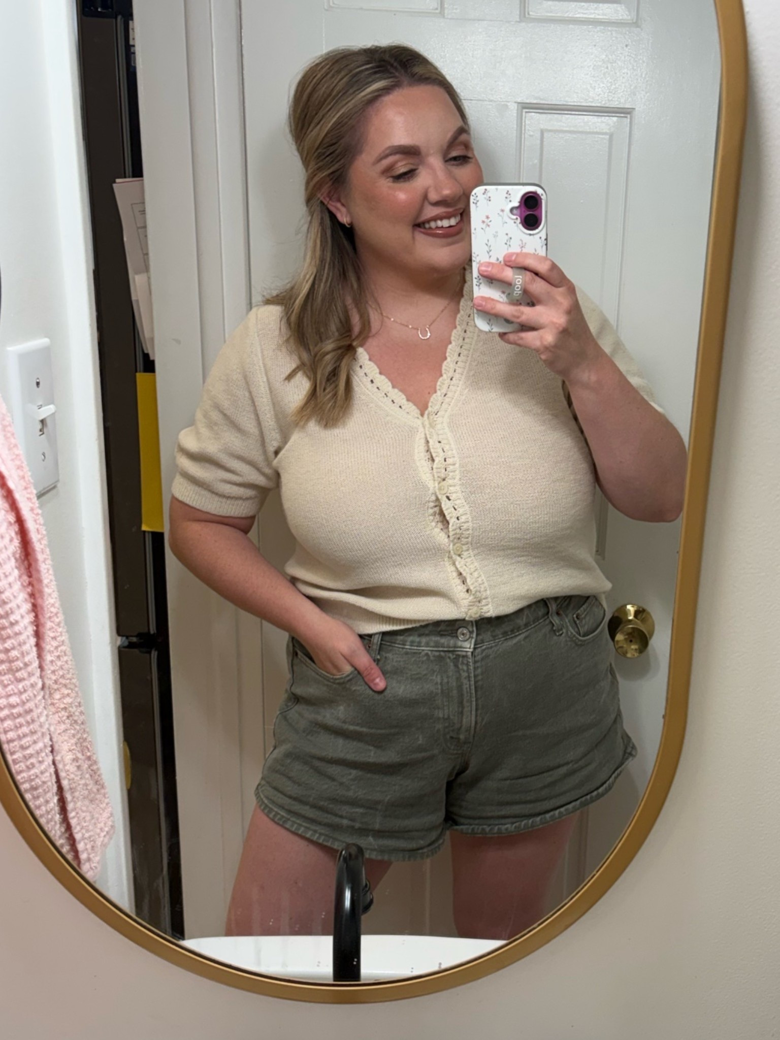 Top is on sale - - 30% off 

This light weight sweater top is perfect for the transition into fall. Comes in multiple color options 

It has some really cute lace like details along the collar and down the buttons. I also really love the length of the sleeve. 

Top- large 
Shorts-32

@Target 
@abercrombie

#LTKSaleAlert #LTKMidsize #LTKSeasonal