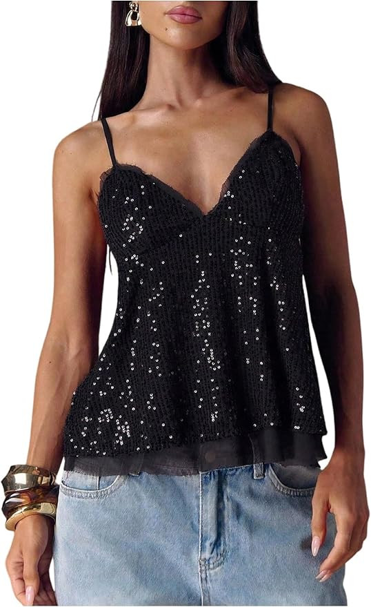MakeMeChic Women's Sequin Babydoll Tank Top Peplum Flowy Spaghetti Strap Y2k Cute Cami Going Out ... | Amazon (US)