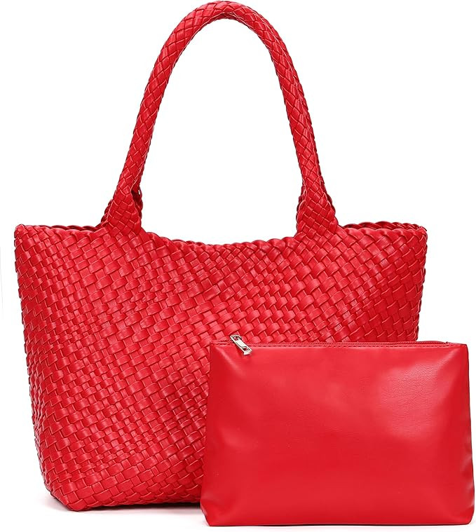 Woven Shoulder Bag for Women, Fashion Top Handle Soft Vegan Leather Shopper | Amazon (US)