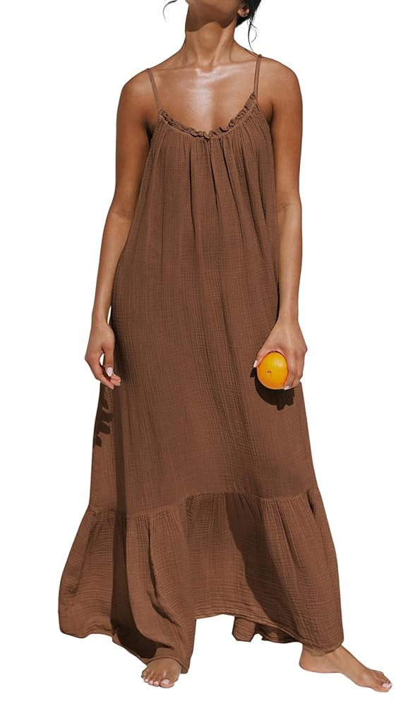 R.Vivimos Women's Summer Cotton Maxi Dress Adjustable Spaghetti Strap Boho Casual Backless Ruffle... | Amazon (US)