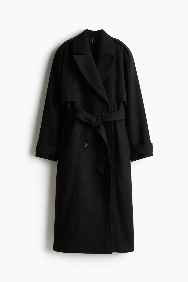 H & M - Brushed-Finish Twill Trench Coat - Black | H&M (US + CA)