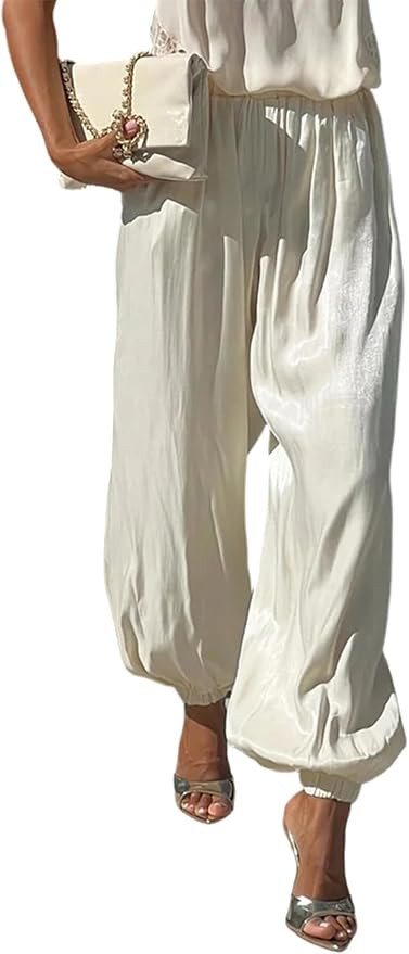 Famnbro Women Satin Harem Pants Elastic Waist Shiny Silk Barrel Wide Leg Casual Long Balloon Pant... | Amazon (US)