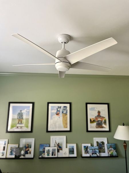 White ceiling fan, gallery photo wall, frames, art ledge, home office , Walmart 

#LTKstyletip #LTKsalealert #LTKhome