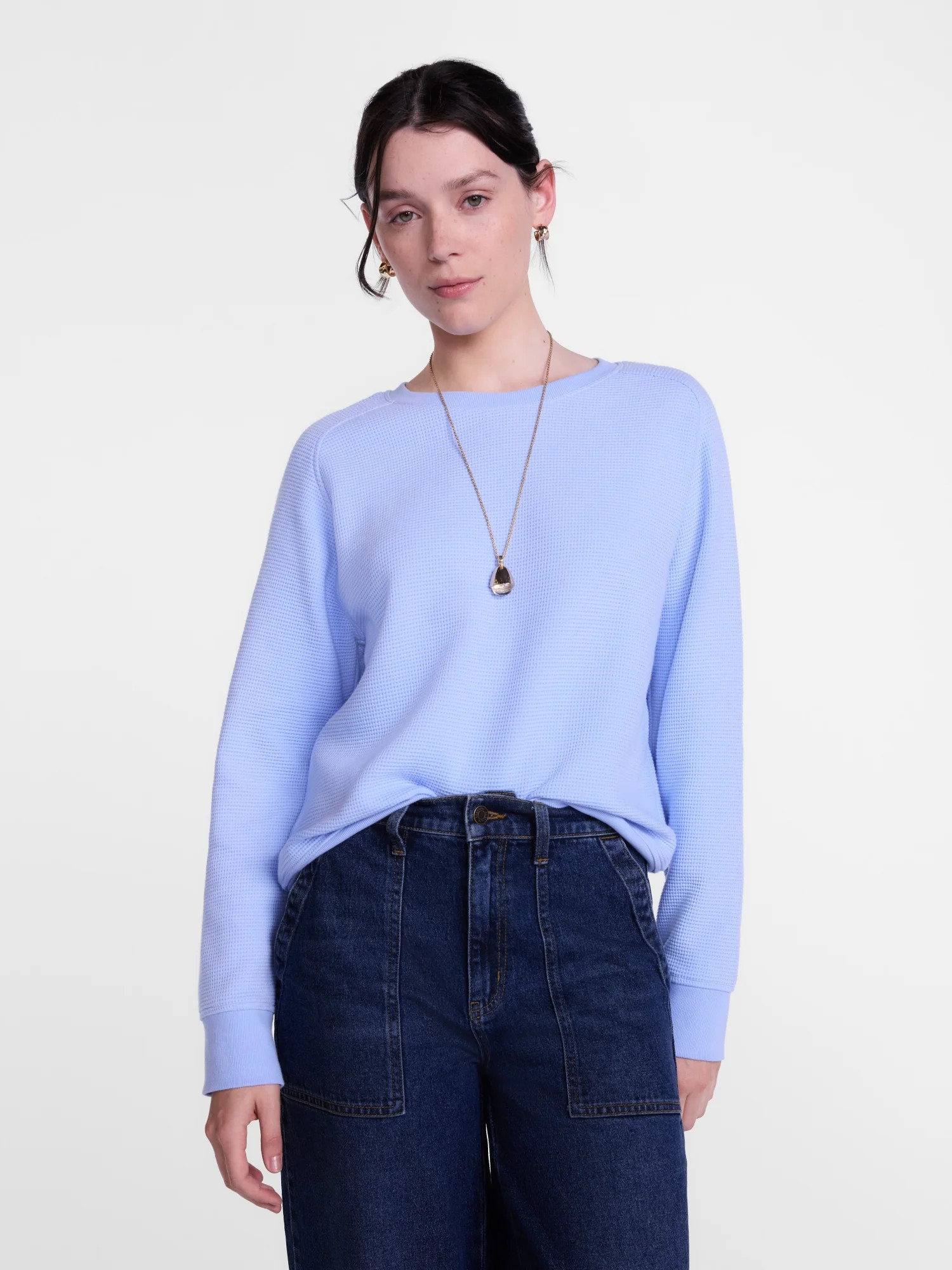 Scenario Women's Waffle Knit Crewneck Tee with Long Sleeves, Sizes XS-XXXL - Walmart.com | Walmart (US)