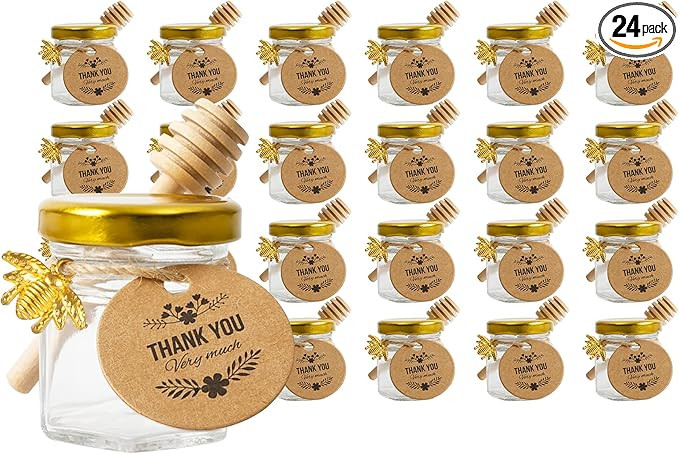 24Pack 1.5oz Mini Glass Hexagon Honey jars - Gold Lid, Small Wooden honey dipper, Bee Charms, Tha... | Amazon (US)