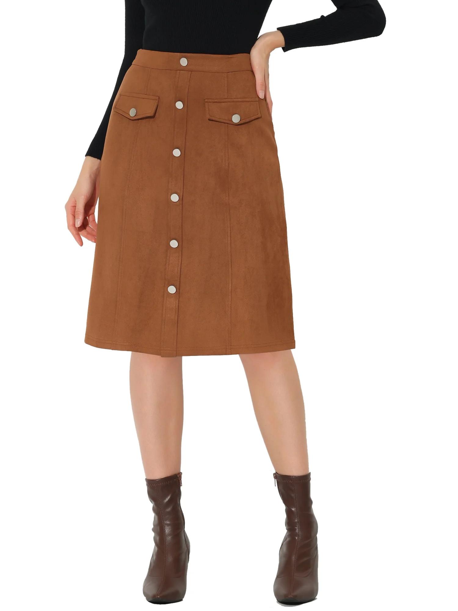 Allegra K Women's Suede Skirt Knee Length Button Front Pockets Decor A-Line Skirts | Walmart (US)