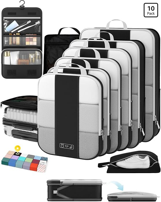 OlarHike 10 Set Compression Packing Cubes for Travel Essentials,Compressible Expandable Space Saver Bags for Organizing Clothes,Luggage Suitcase Garment Bags with Over 1000 pcs Mesh Holes(Black) | Amazon (US)