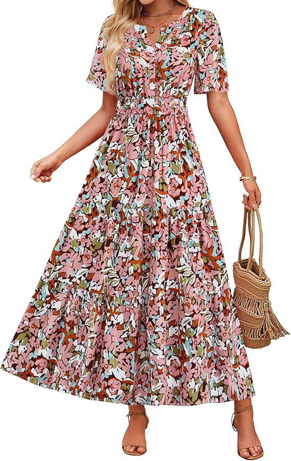 ZESICA Women's 2026 Summer Spring Floral Boho Maxi Dresses Casual Short Sleeve V Neck A Line Flow... | Amazon (US)