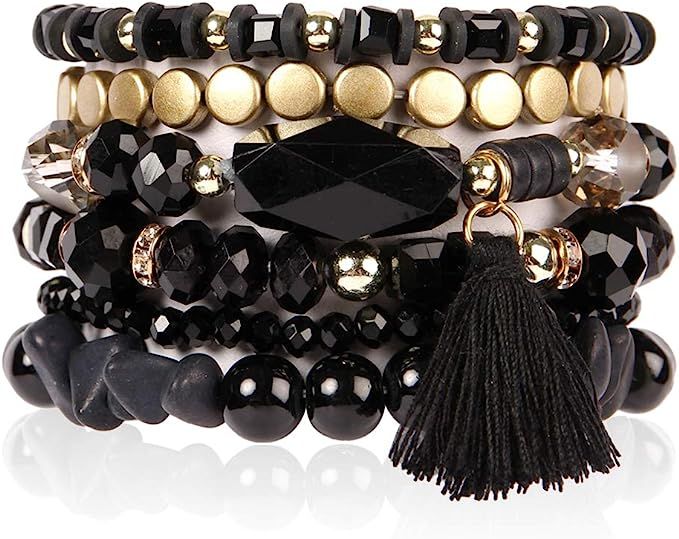 RIAH FASHION Coin Bead Multi Layer Versatile Statement Bracelets - Stackable Beaded Strand Stretc... | Amazon (US)