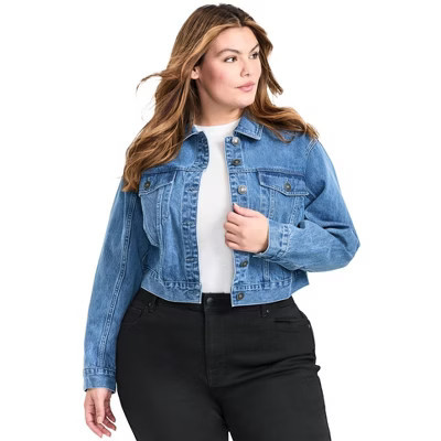Avenue Women's Plus Size Emma Denim Cropped Jacket - 26/28, Mid Wash | Target