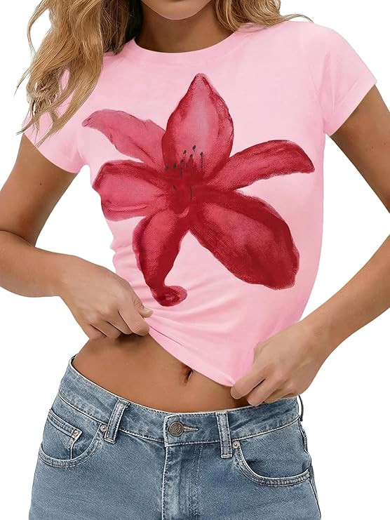 Tankaneo Womens Y2K Graphic Baby Tees Summer Floral Print Crop Tops Cotton Short Sleeve Slim Fit ... | Amazon (US)