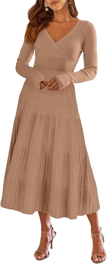 ANRABESS Womens Wrap Midi Sweater Dresses Long Sleeve V Neck Ribbed Knit Bodycon High Waist Pleat... | Amazon (US)