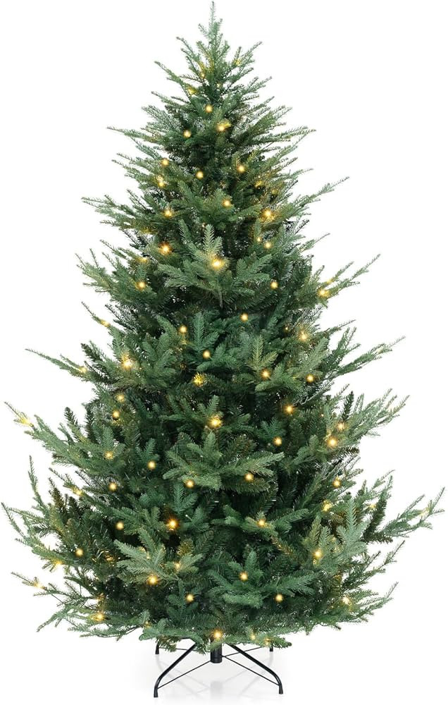 Goplus 7ft Pre-lit Artificial Christmas Tree, Faux Hinged Xmas Tree with 340 Warm White LED Light... | Amazon (US)