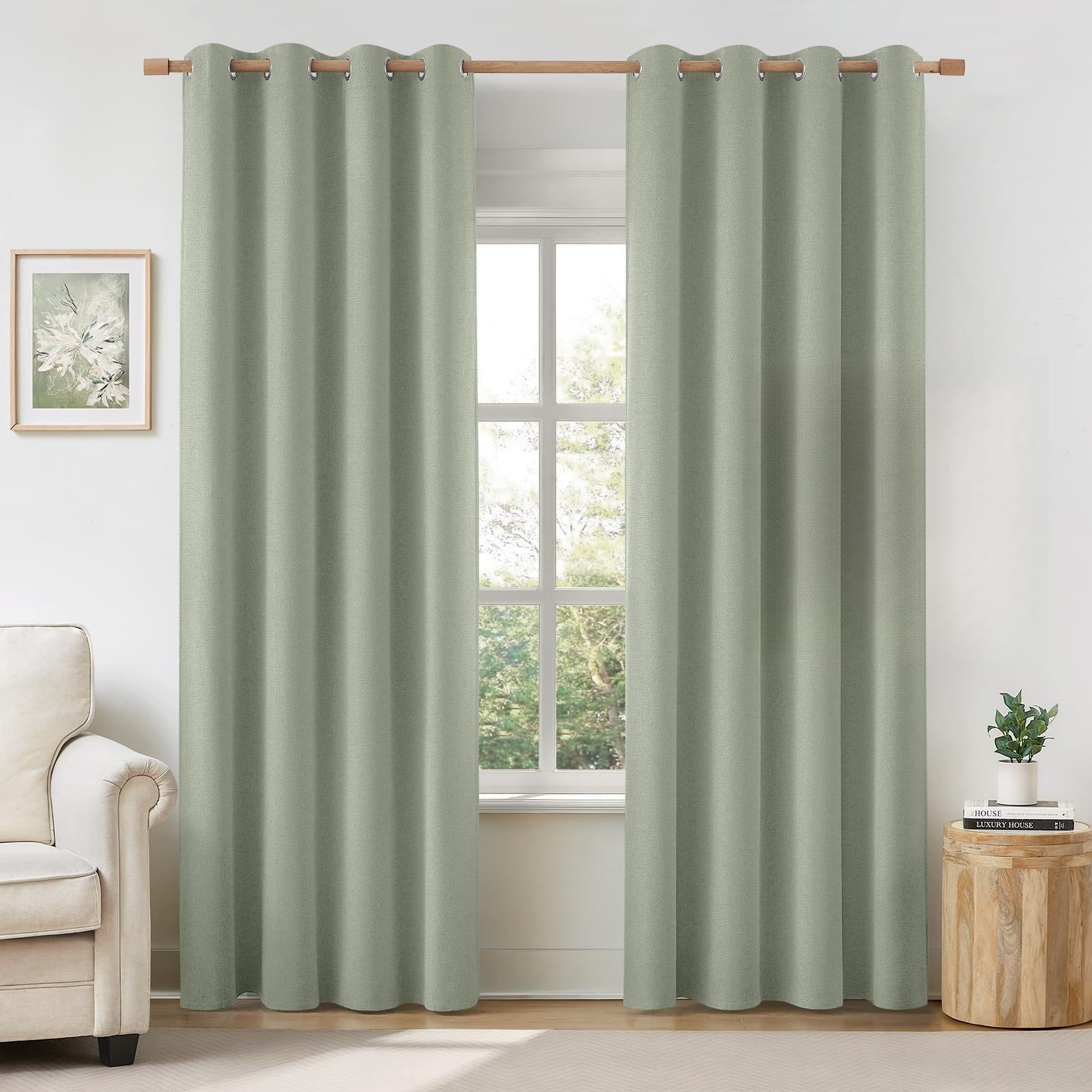 HOMEIDEAS 100% Sage Green Linen Blackout Curtains for Bedroom, 52 x 84 Inch Length 2 Panels Faux ... | Amazon (US)