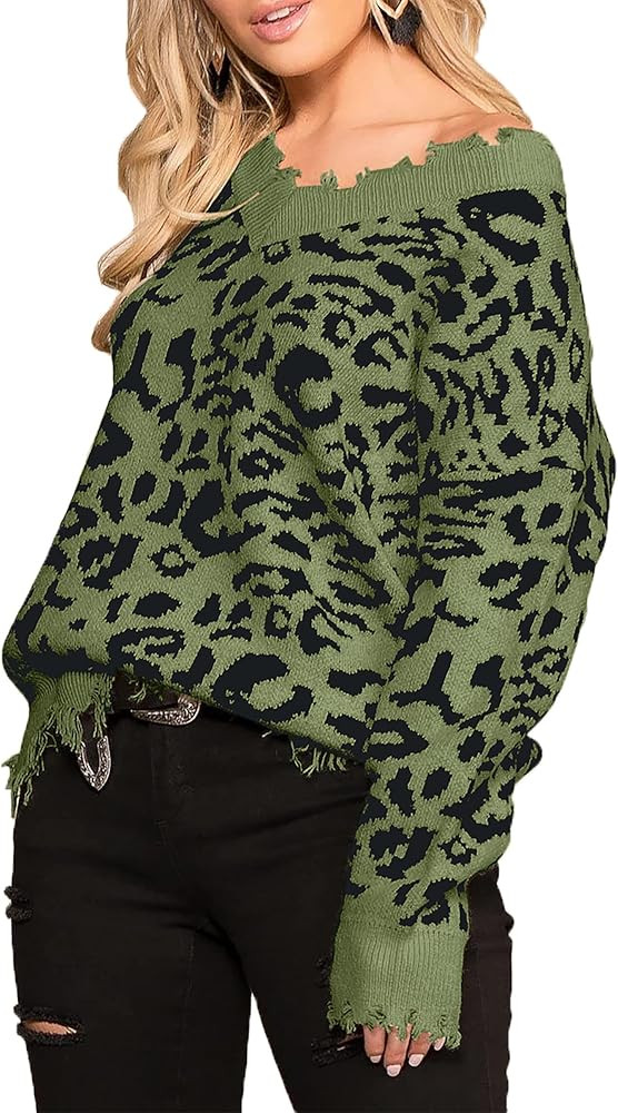 HZSONNE Women's Casual Leopard Crew Neck Loose Fit Sweater Long Sleeve Slouchy Pullover Knitted F... | Amazon (US)