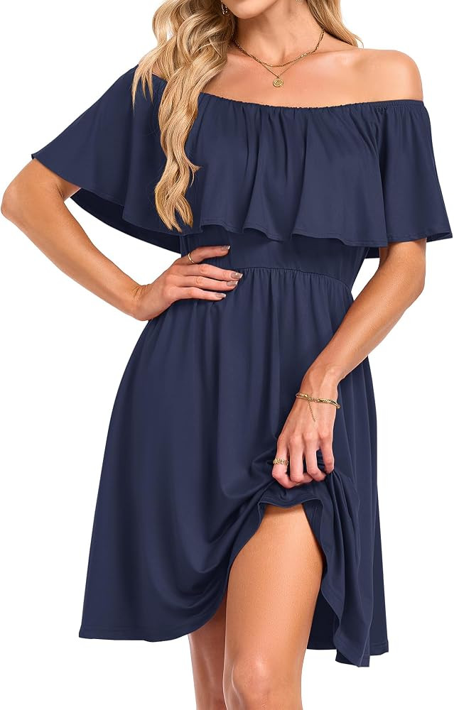 AUSELILY Womens Off The Shoulder Summer Dress Casual Ruffle Floral Sundress | Amazon (US)