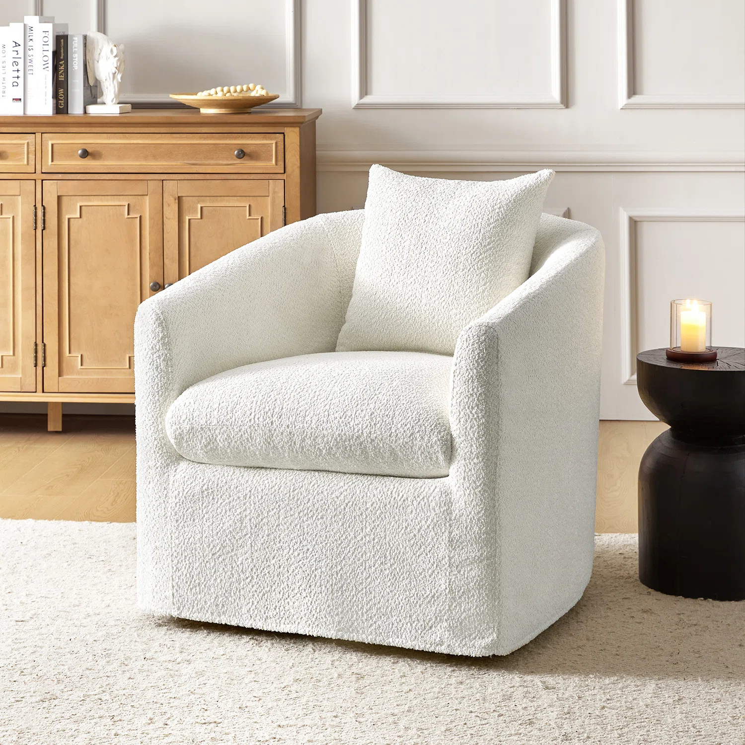 Dhati Slipcover Boucle Upholstered Swivel Arm Chair with Feather Back Pillow and Seat Cushion | Wayfair North America