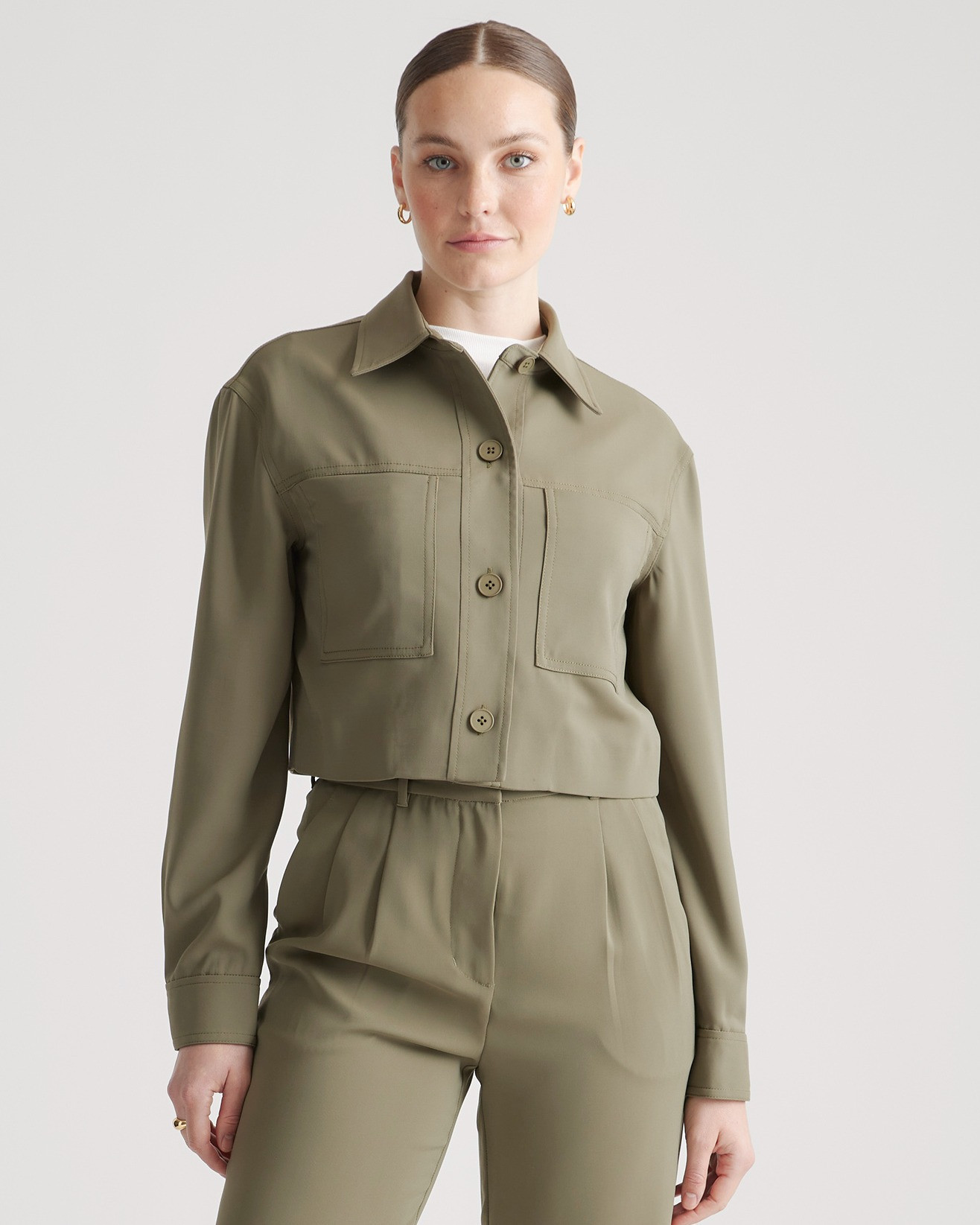 Quince | Women's Stretch Crepe Cropped Jacket in Olive, Size Large, Recycled Polyester / Spandex | Quince
