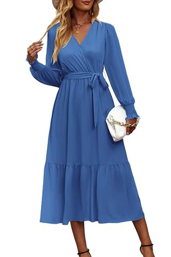 PRETTYGARDEN Women's Floral Print Boho Dress Long Sleeve Wrap V Neck Ruffle Belted A-Line Flowy Maxi Dresses (Solid Dark Bule,Medium) | Amazon (US)