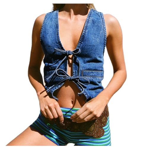 Tenopuli Women Y2K Tie Front Denim Vest Sexy V Neck Cropped Jean Vest Low Cut Sleeveless Waistcoat Jacket Corset Bustier (Dark Blue, m) | Amazon (US)