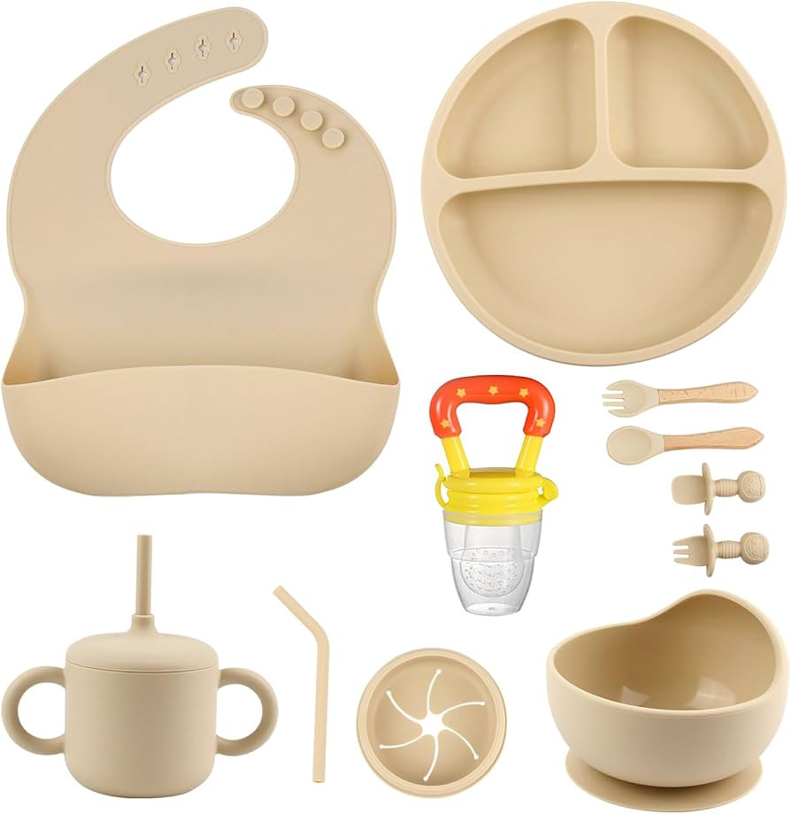Silicone Baby Feeding Set, Baby Feeding Essentials, Baby Suction Bowl, Plates, Bib, Spoons set, B... | Amazon (US)