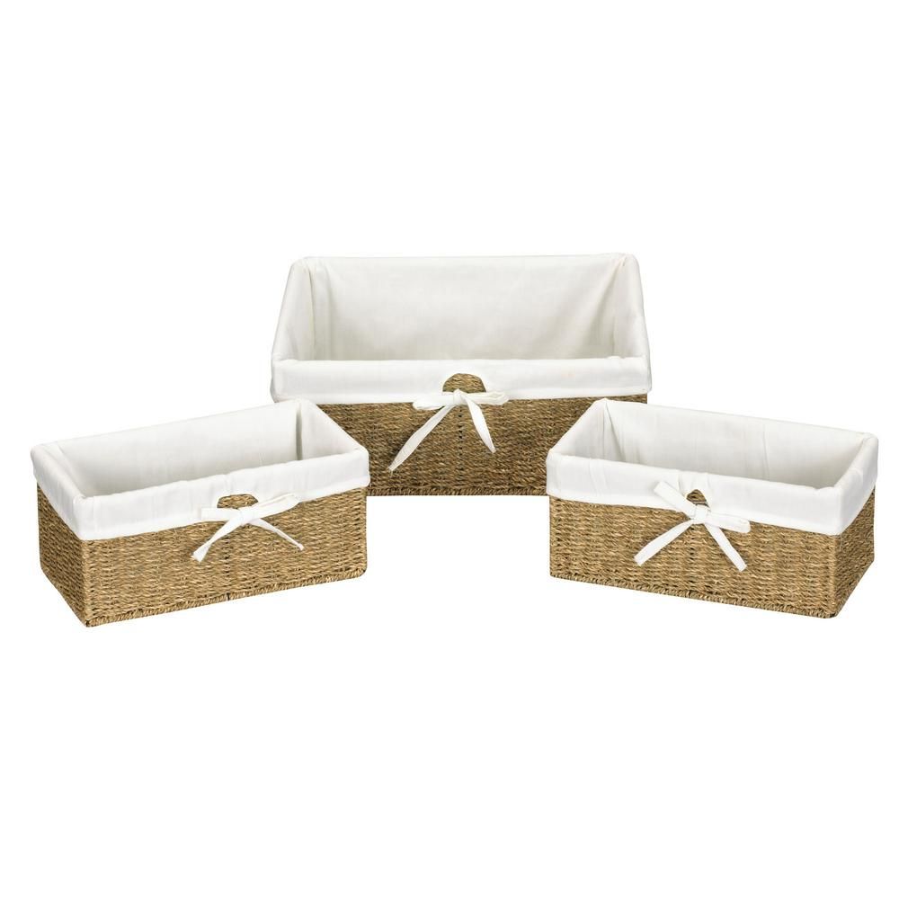 Natural Seagrass Set of 3 Utility Baskets 1 Large and 2 Small with Washable Cotton Liner | The Home Depot