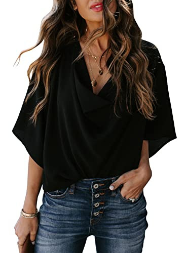 Dokotoo Womens 3/4 Sleeve V Neck Wrap Draped Front Blouses Tops | Amazon (US)