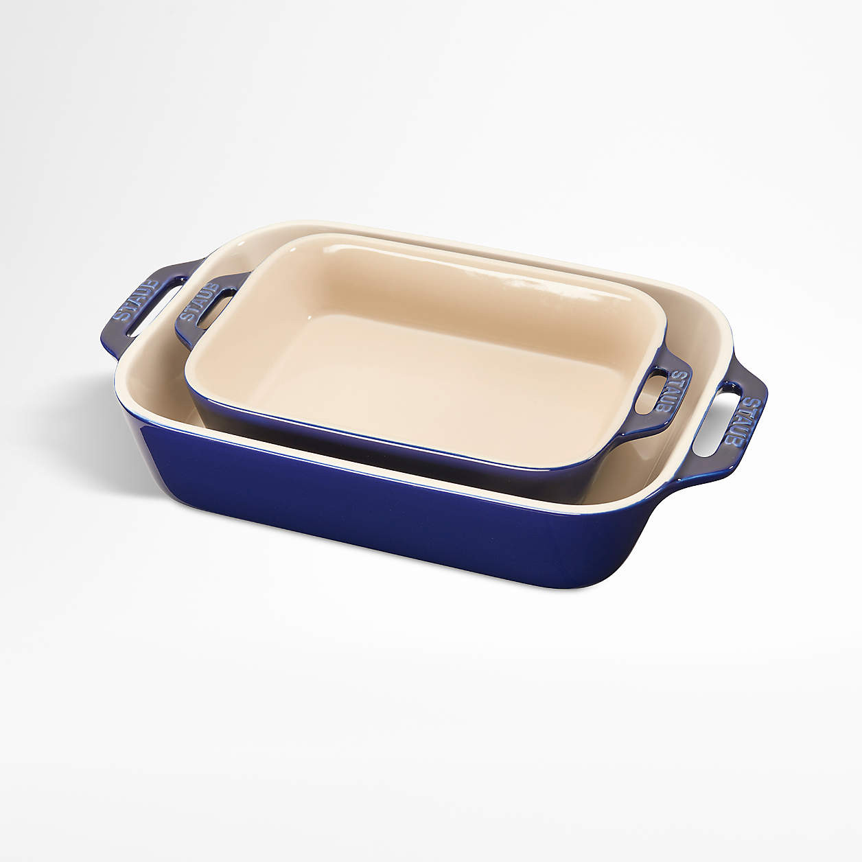 Staub Dark Blue 2-Piece Rectangular Baker Set + Reviews | Crate & Barrel | Crate & Barrel