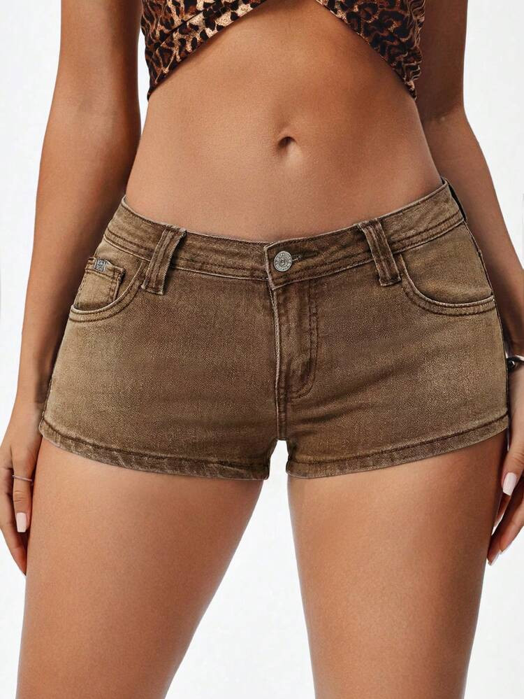 Jeanoix Women's Solid Color Minimalist Casual Denim Low-Waist Mini Shorts | SHEIN