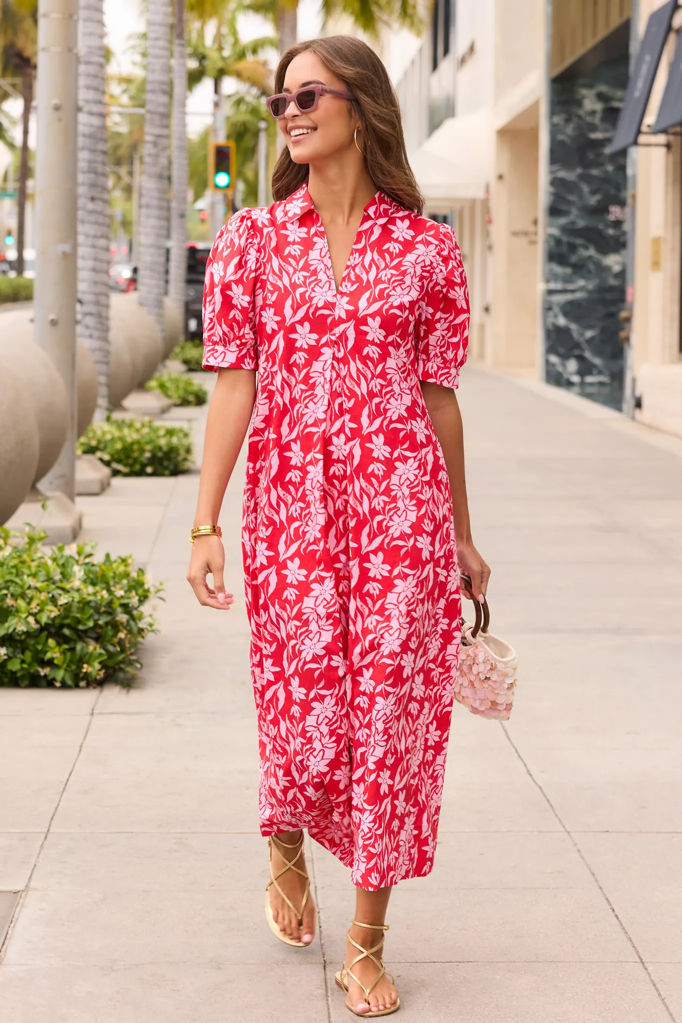 Isla Red Floral Printed Midi Dress | Avara