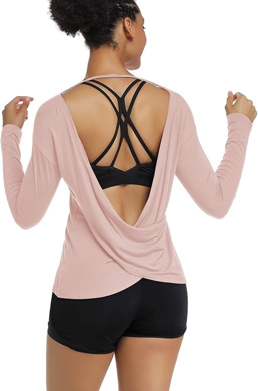 Muzniuer Women's Long Sleeve Workout Shirts Backless Yoga Shirts Cross Back Open Shirt | Amazon (US)