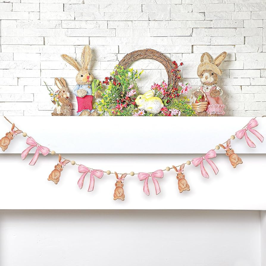 Coquette Pink Easter Bow Mantle Garland 7 ft Wooden Bunny Pennant Banner Cute Rabbit Beads Hangin... | Amazon (US)