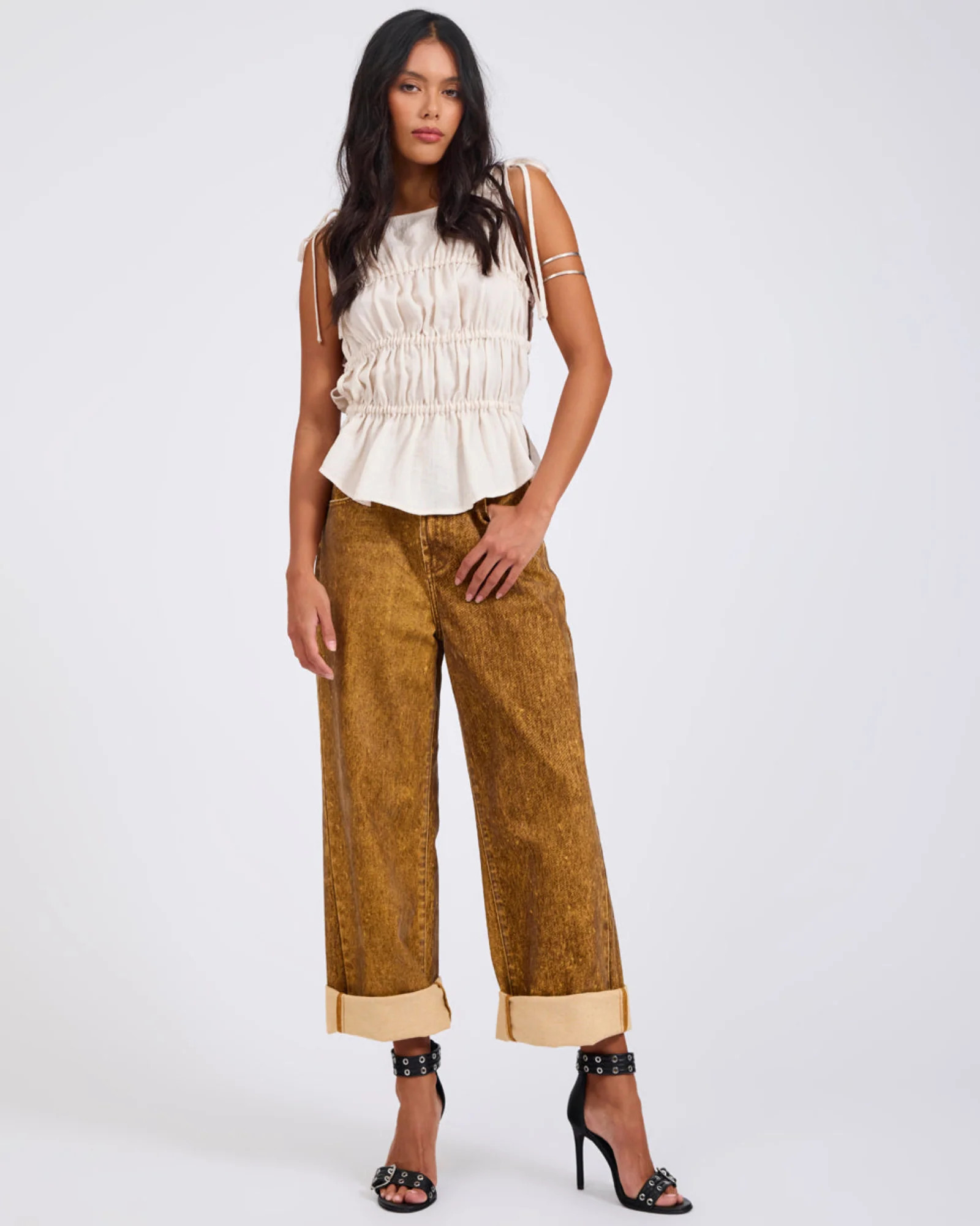 Evelyn Gathered Ruched Tie Top - Cream | One Teaspoon | OneTeaspoon