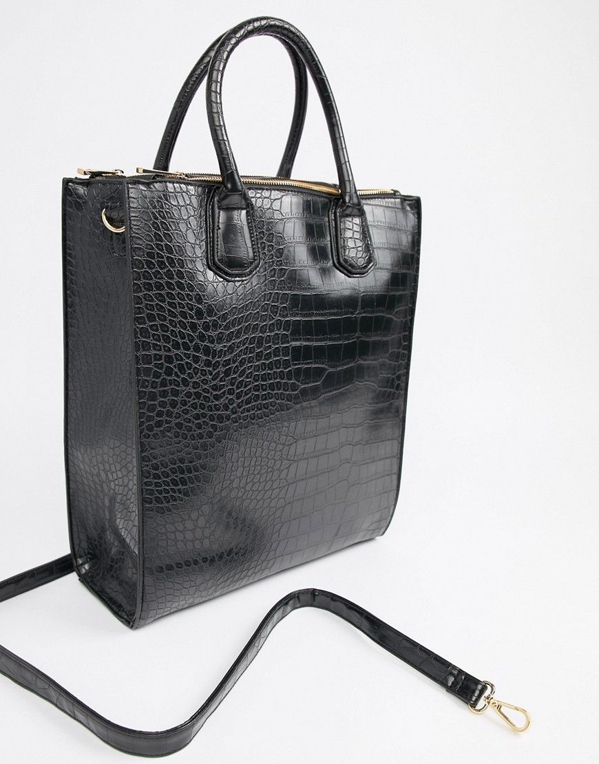 ASOS Double Zip Compartment Croc Tote with Laptop Compartment - Black | ASOS US