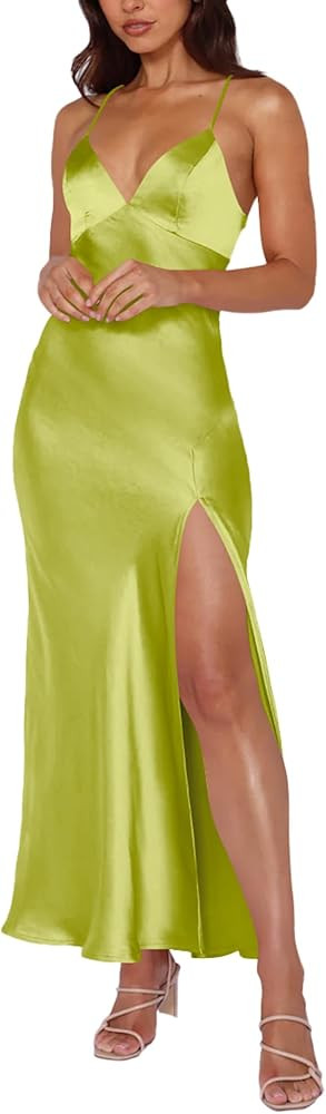 Cosonsen Women's Cocktail Party Dress Satin V-Neck Spaghetti Strap Split Open Back Long Maxi Dres... | Amazon (US)