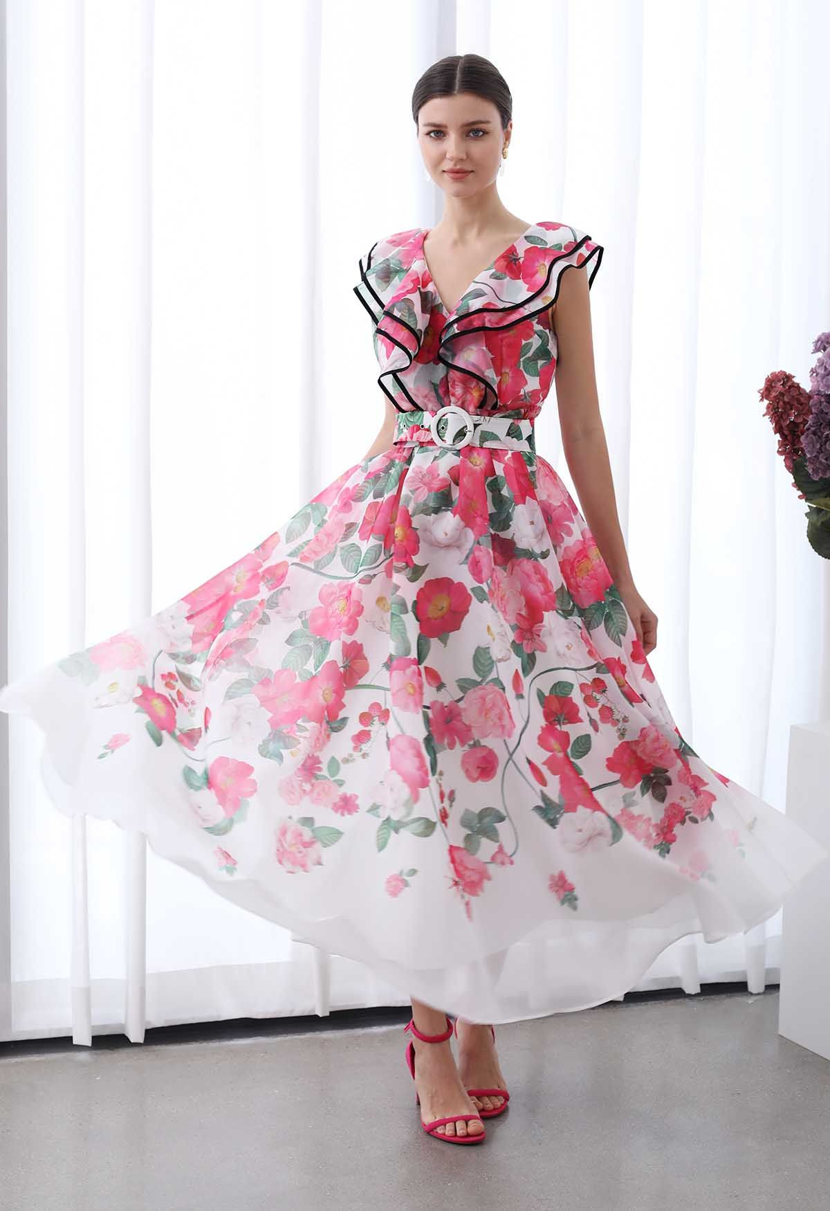 Blooming Floral Tiered Ruffle Belted Maxi Dress | Chicwish