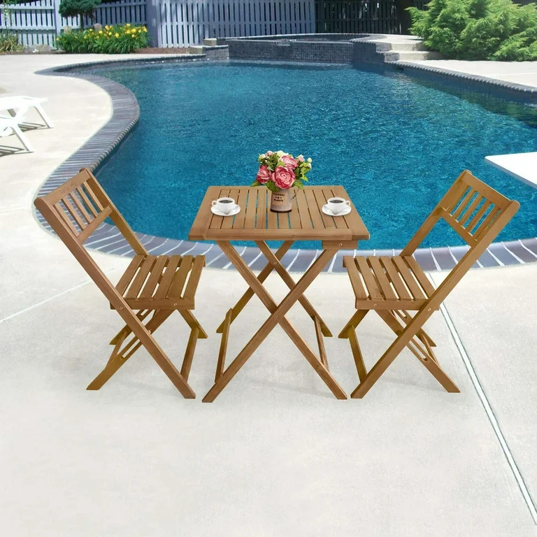 FDW 3 Piece Acacia Wood Folding Terrace Bistro Set Outdoor with 2 Chairs and Round Table, Balcony... | Walmart (US)