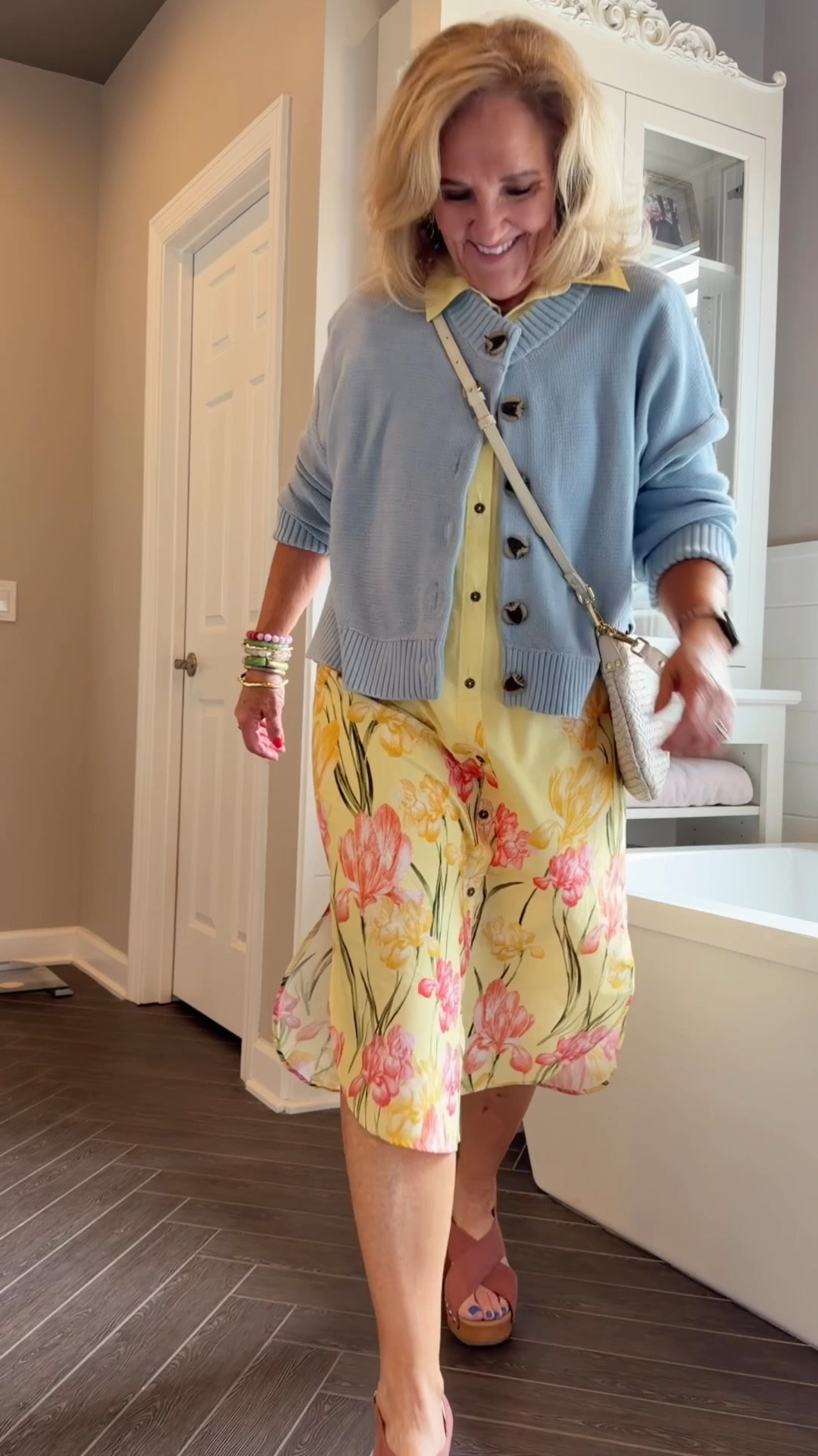 I love this dress. It’s easy casual or elevated. Wearing a small reg 
Blue cotton sweater is a relaxed fit size medium 
Clogs are walmart
20% off bracelet stack code NANETTE20

#LTKOver40 #LTKSeasonal #LTKPetite