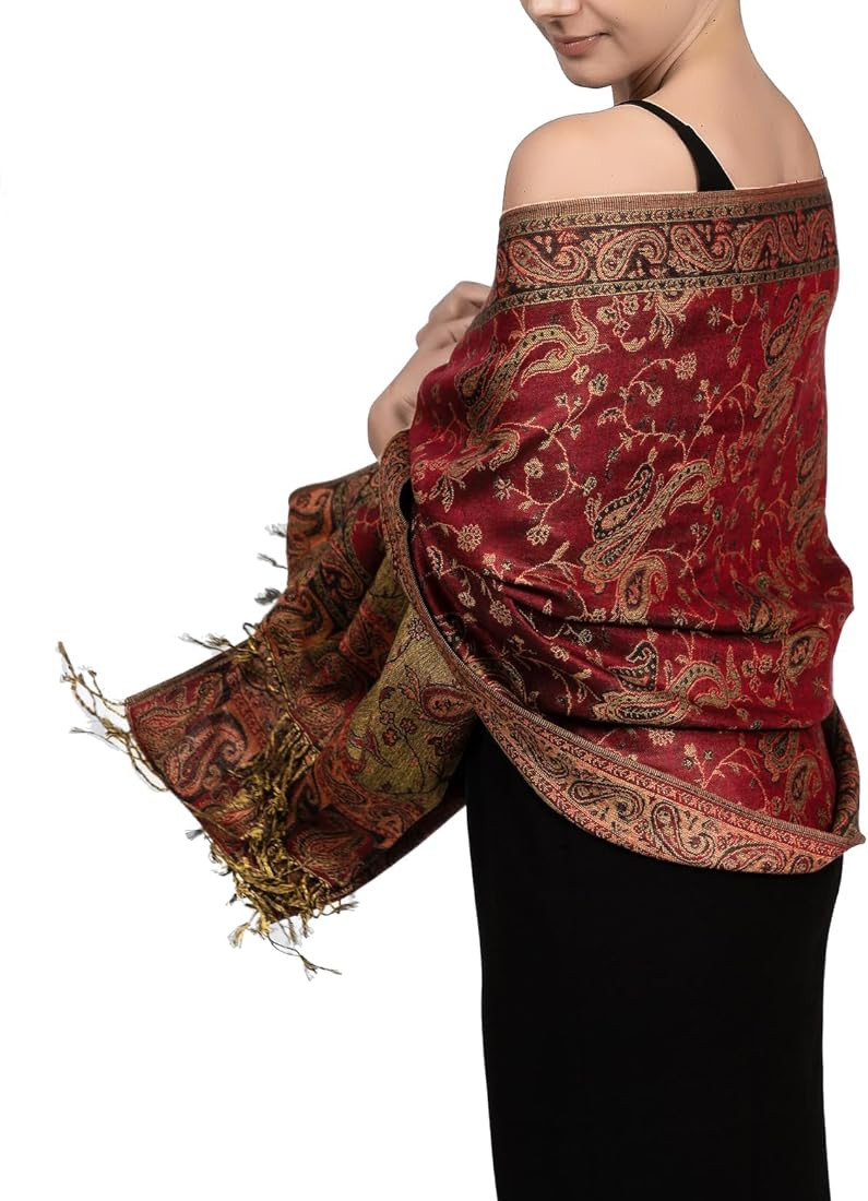 Achillea Soft Silky Reversible Paisley Pashmina Shawl Wrap Scarf w/Fringes | Amazon (US)