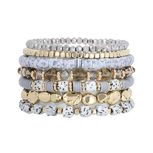 GOOJIDS Surfer Heishi Clay Spotted Bead Bracelets for Women Stackable Gold Plated Beaded Stretch Bracelets Elastic Layering Friendship Bracelets Set Boho Jewelry | Amazon (US)