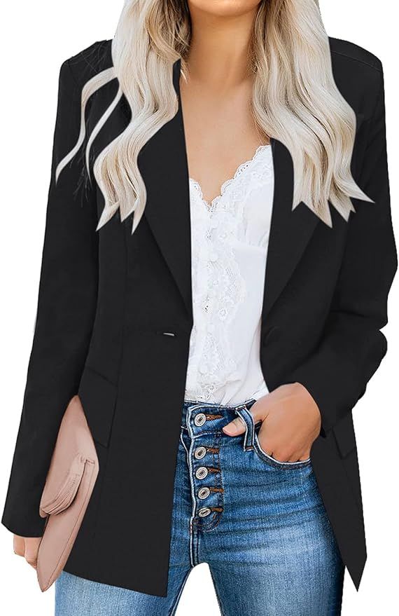 LookbookStore Women's Casual Solid Black Loose Buttons Work Office Blazer Long Jacket Suit Size X... | Amazon (US)