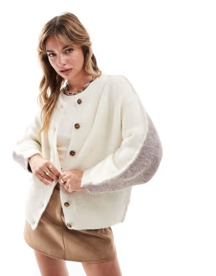 ASOS DESIGN crew neck cardigan in neutral color block | ASOS (Global)