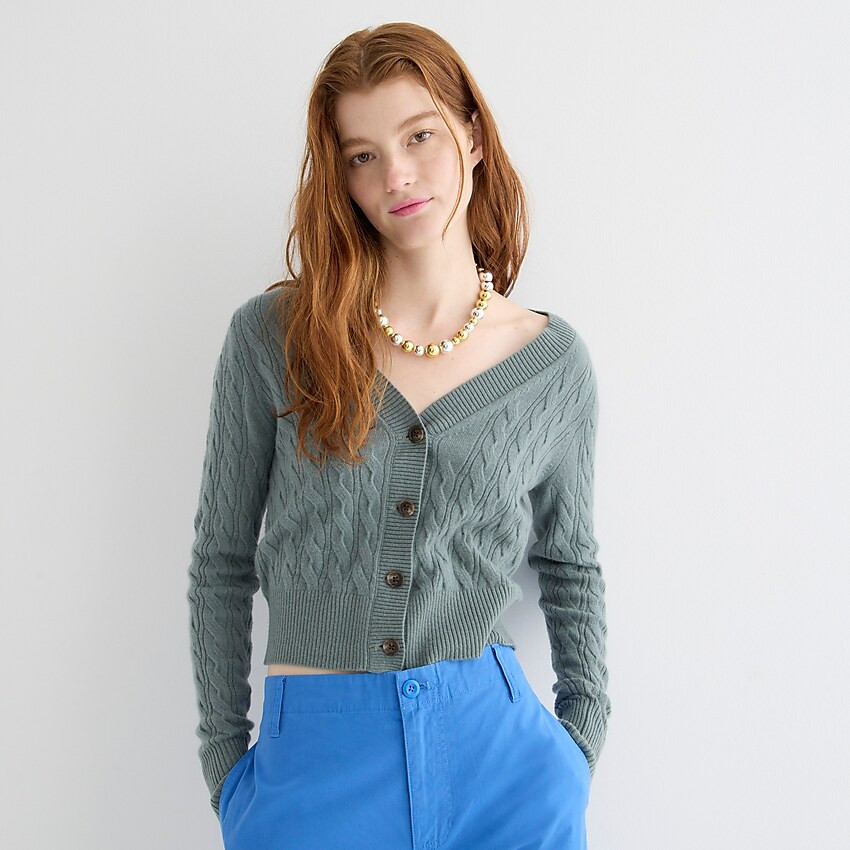Cashmere cropped cable-knit V-neck cardigan sweater | J. Crew US
