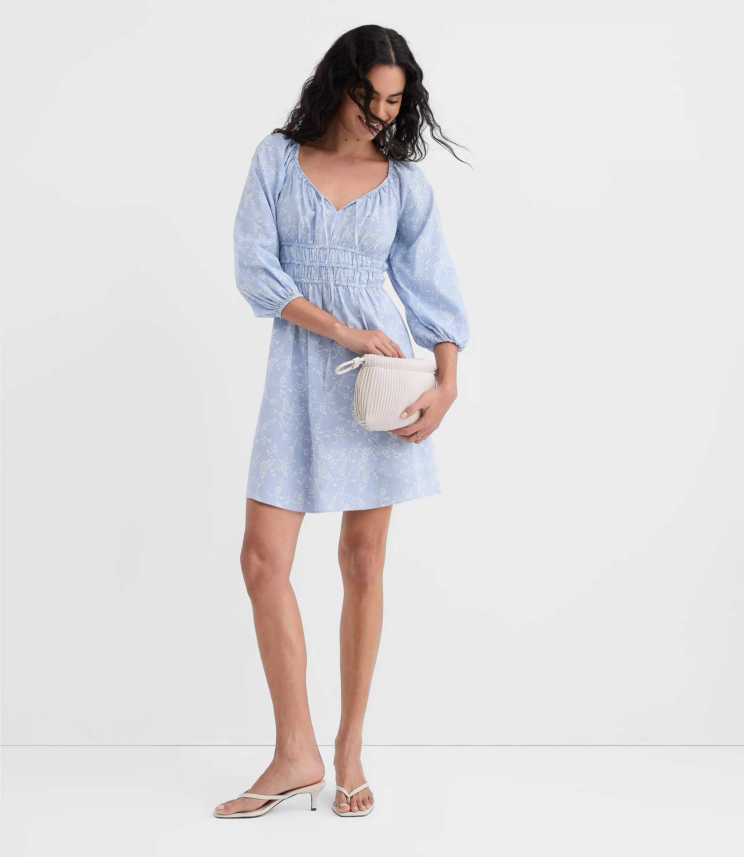 Petite Bouquet Linen Cotton Smocked Mini Dress | LOFT