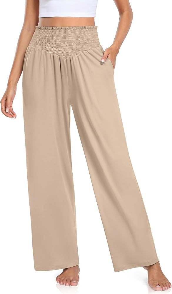 TARSE Women Wide Leg Yoga Pants Smocked Ruffle High Waisted Comfy Lounge Pajama Pants Casual Loose S | Amazon (US)