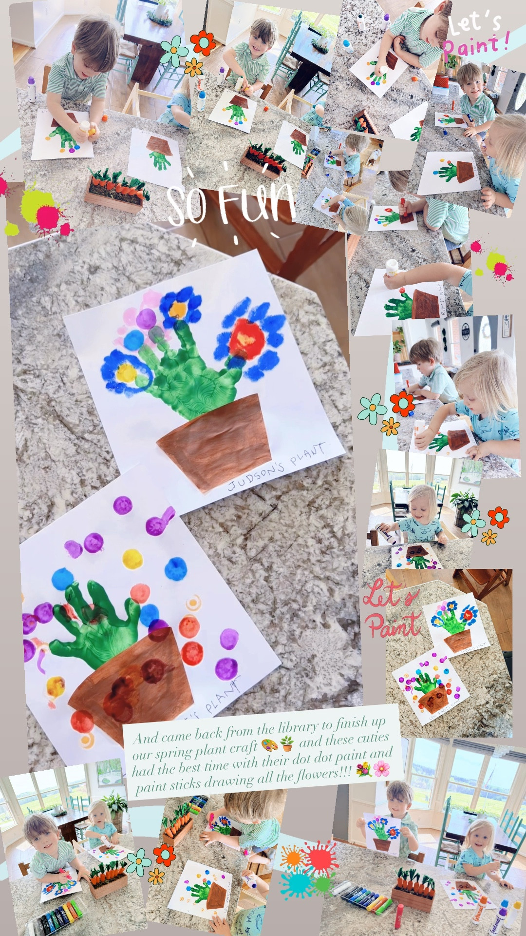 And came back from the library to finish up our spring plant craft 🎨🪴 and these cuties had the best time with their dot dot paint and paint sticks drawing all the flowers!!! 💐🌸
