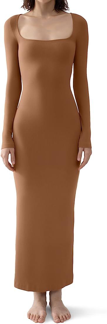 PUMIEY Women's Square Neck Long Sleeve Maxi Dress Soft Lounge Ribbed Bodycon Dresses for Women | Amazon (US)