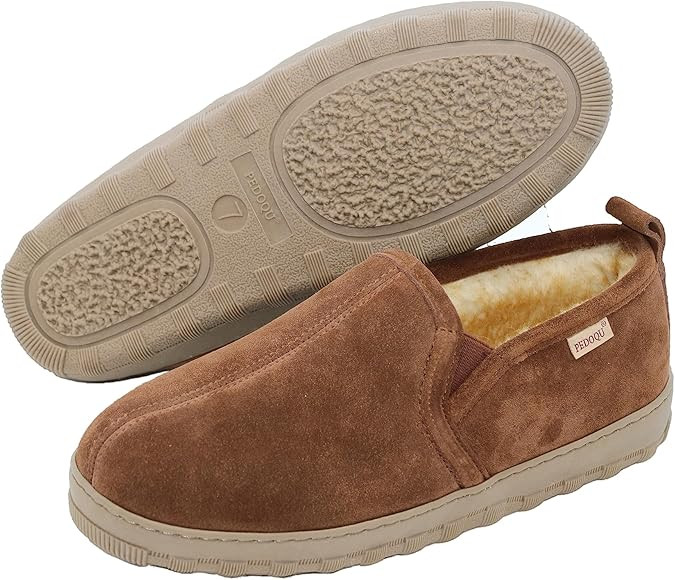 PEDOQU Men's Slipper Leather Upper Sheepskin Insole Lining Memory Foam Rubber Soles Indoor Outdoo... | Amazon (US)