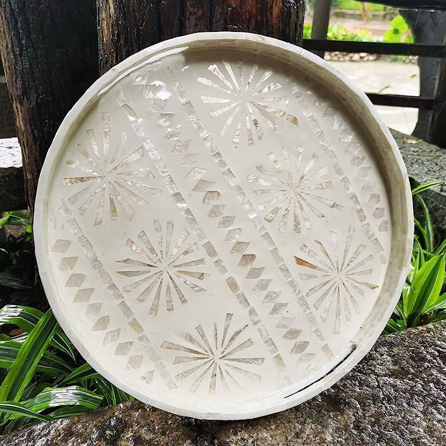 13.8" Mother of Pearl Round Serving Trays with Cutout Handles and 2”Wall, Large Decorative Sea ... | Amazon (US)