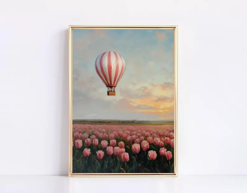 Pink Hot Air Balloon Tulips Vintage Floral Painting Digital Print Vintage Girly Valentines Print ... | Etsy (US)
